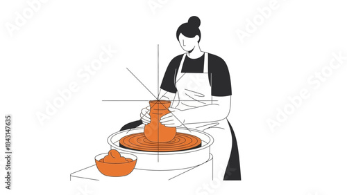 A woman working on sculpting a clay pot on the potter's wheel in the pottery studio