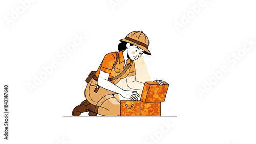 An explorer is opening a wooden box, looking for something inside it, illustration