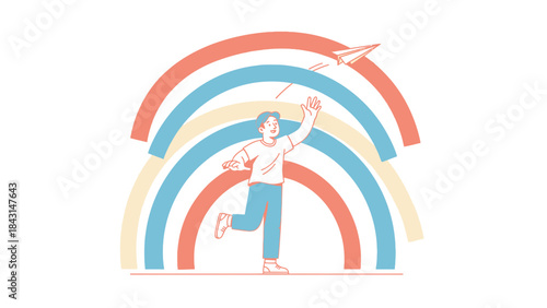 Joyful young man throwing a paper airplane under a rainbow illustration