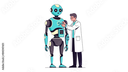 Scientist analyzing a robot in a laboratory setting for technological advancement
