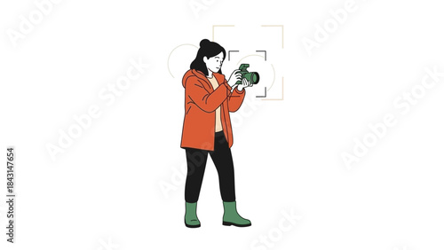 Illustration of a woman holding a camera taking pictures against a white background
