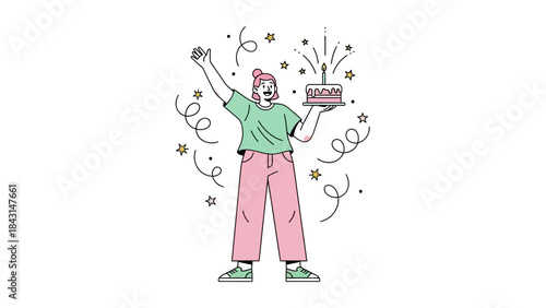 Illustration of a person celebrating with a birthday cake and confetti