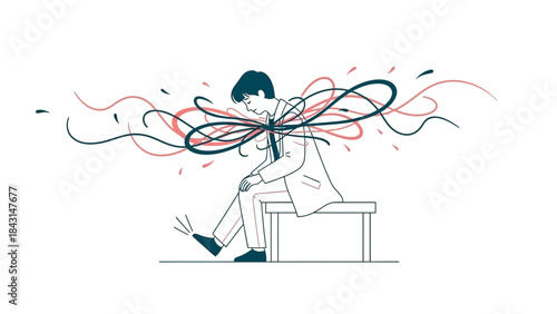 Illustration depicting stress and anxiety tied to a person, mental health, emotional wellness