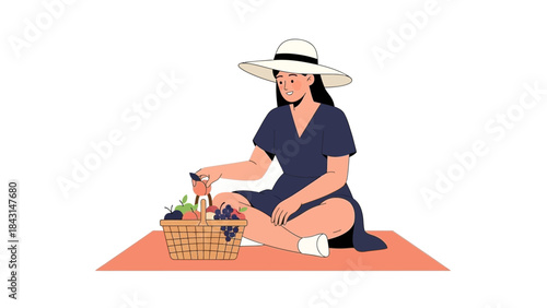 A woman enjoys a picnic with fresh fruits and a basket on a sunny day