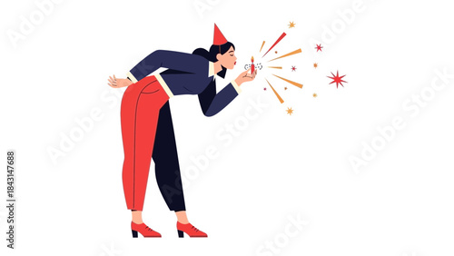 Woman blowing out a candle on a birthday cake with party hat celebration illustration