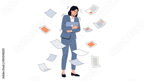 Businesswoman overwhelmed by paperwork and struggling with stress in a chaotic office environment