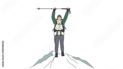 Success Climber celebrating reaching a mountain peak with trekking pole in hand