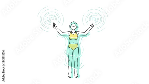 Illustration of a woman floating and interacting with energy rings in a minimalist style
