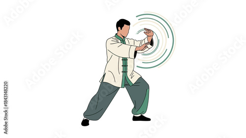 Illustration of a man practicing Tai Chi with energy circles radiating from his hands