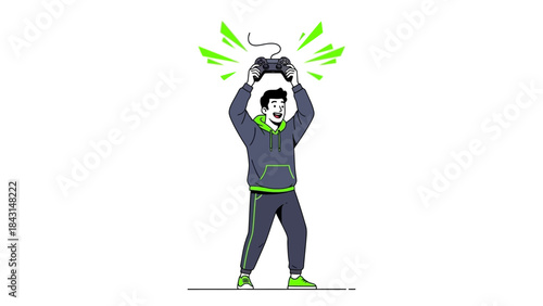 Excited gamer holding a controller in victory, colorful illustration design on white background