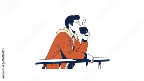 Illustration of a man enjoying coffee on a balcony in a relaxed and contemplative state