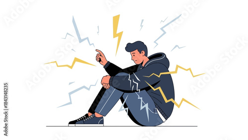 Illustration of a man pointing amidst lightning, symbolizing stress and pressure in a mental