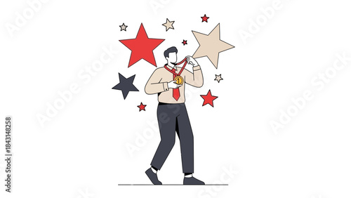 Illustration depicting a man celebrating success and achievement with a medal among stars
