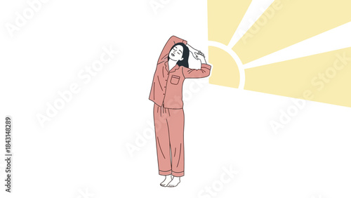Illustration of a woman stretching in pajamas with the sun in the background