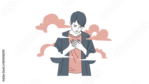 Illustration of a man with his hands clasped, surrounded by abstract cloud shapes