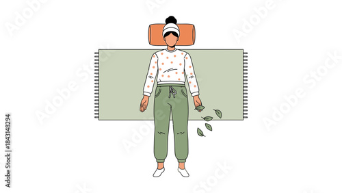 Illustration of a person lying on a mat holding leaves, simplistic flat art style
