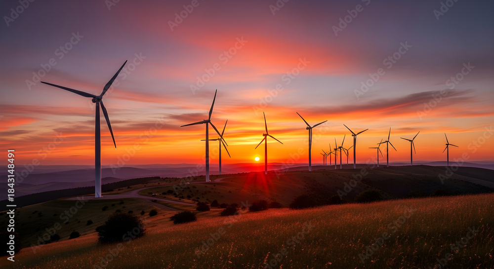 Obraz premium Majestic wind turbines silhouetted against a breathtaking sunset sky over rolling hills-clean energy landscape