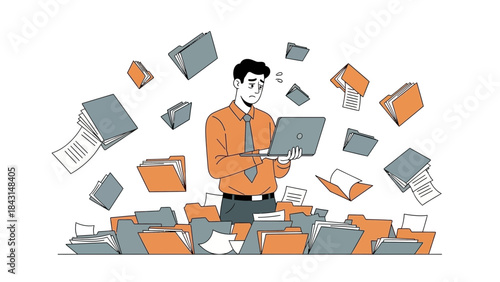 Illustration of a stressed businessman surrounded by folders and using a laptop