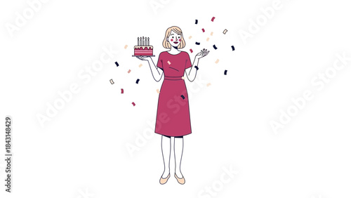 Wallpaper Mural Woman celebrating birthday with cake and confetti in a minimalist illustration Torontodigital.ca