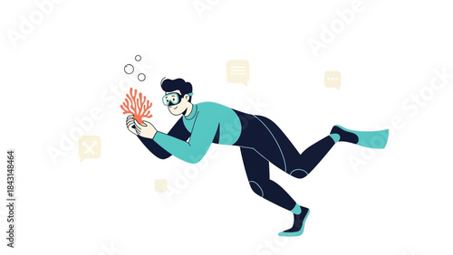 Illustration of a Diver Exploring Coral Reefs and the Ocean Environment
