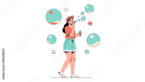 Illustration of a woman blowing bubbles outdoors with a white background design
