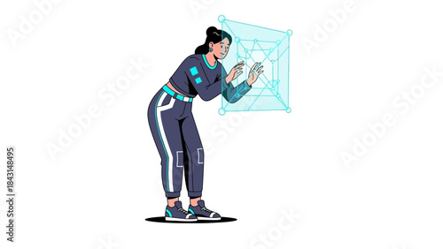Woman interacting with a futuristic, virtual interface in a science or technology setting
