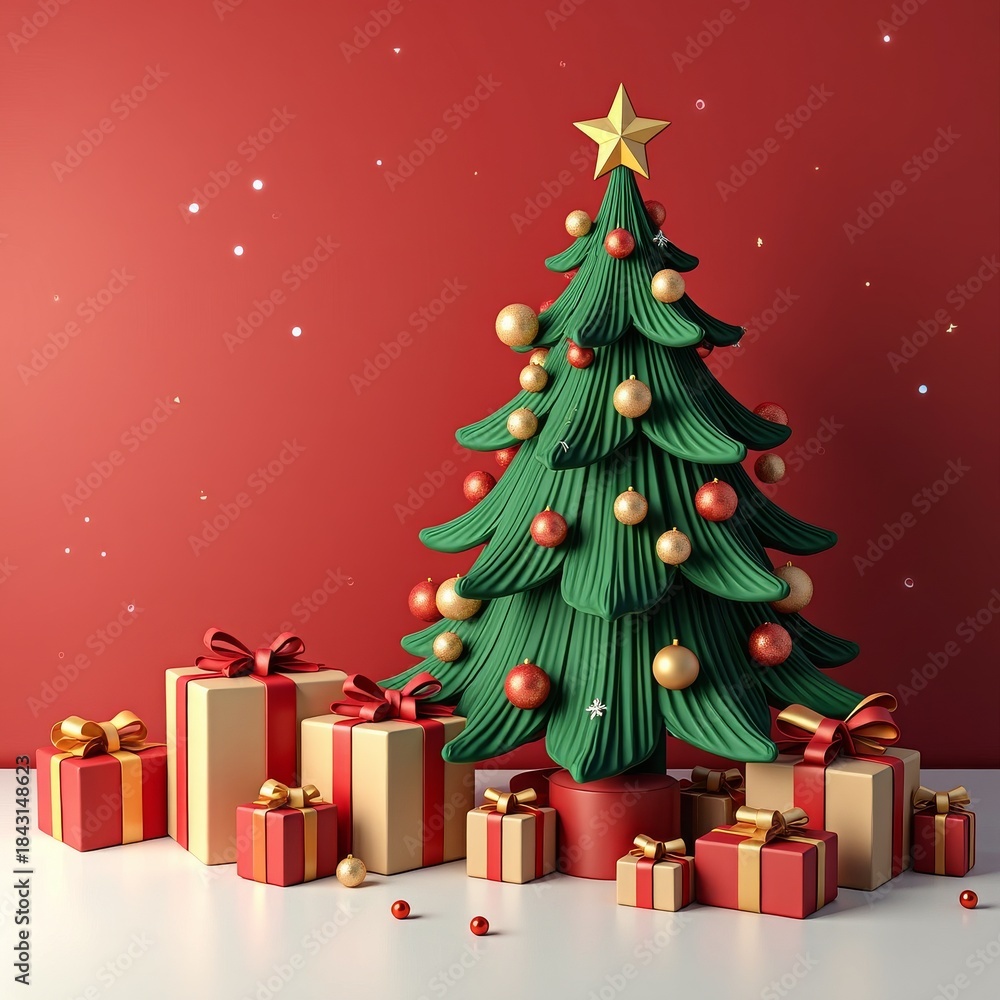 Obraz premium Stylized Christmas Tree With Gifts on Red Background