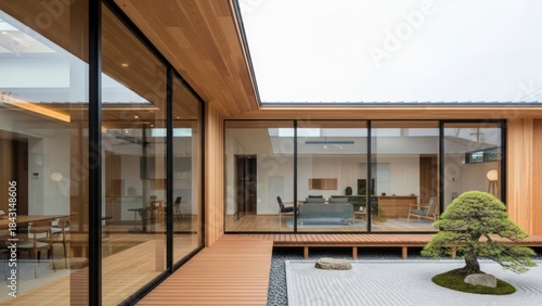 Modern Japanese House with Zen Garden and Large Glass Walls.
