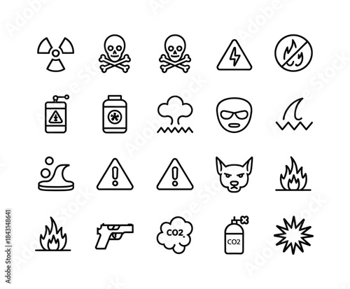 simple set of warnings related vector line icons, containing toxic, explosive, flammable, and other hazard symbols, designed with clean outlines for safety signage, manuals, and industrial communicati