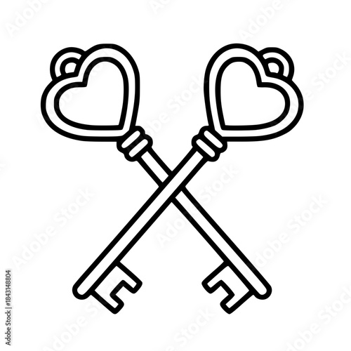 Romantic Crossed Skeleton Keys with Heart Handles Vector Outline Illustration