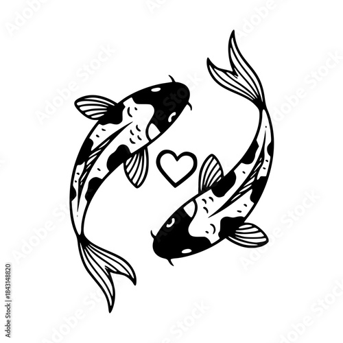 Black and White Doodle Illustration of Two Koi Fish and a Heart Symbolizing Love and Harmonies