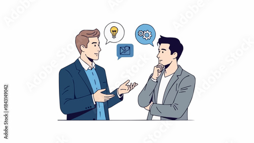 Two businessmen engaged in a thoughtful discussion about business ideas.