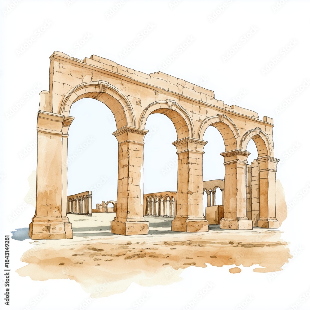Fototapeta premium Leptis Magna. Leptis Magna hand drawn watercolor illustration on white background