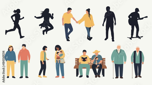 Diverse group of people in various activities and poses.