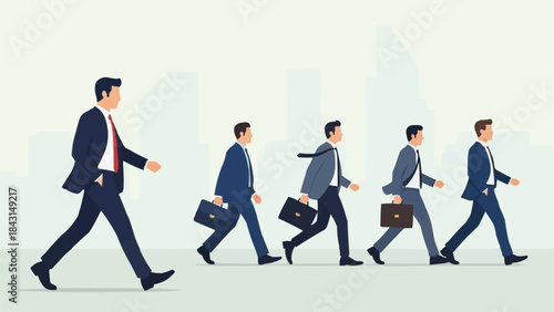 Group of businessmen walking in a line towards the right side.