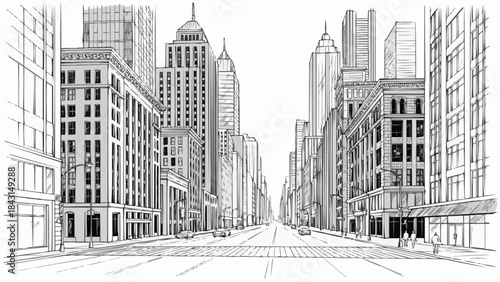 Detailed Sketch of a Bustling City Street Lined with Tall Buildings.