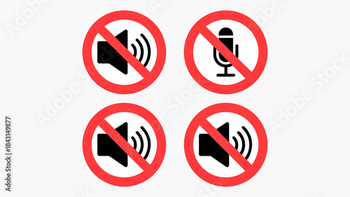 A set of four red and white prohibition signs arranged in a 2x2 grid. Each sign contains a black icon with a diagonal red line through it, indicating no or not allowed Free Download A set of four red and white prohibition signs arranged in a 2x2 grid. Each sign contains a black icon with a diagonal red line through it, indicating no or not allowed - GFXLoad