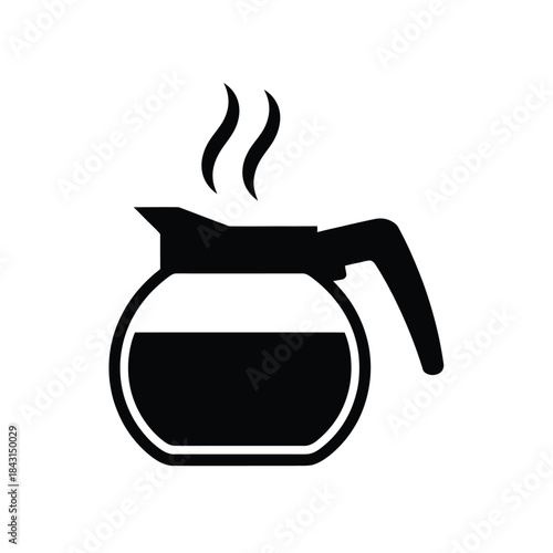 Simple black and white illustration of a steaming coffee pot icon