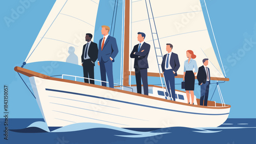 This illustration shows a business professional standing confidently on a sailboat at sea, symbolizing leadership, strategic navigation, and the journey toward business success and growth.