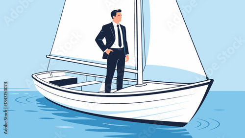 This illustration shows a business professional standing confidently on a sailboat at sea, symbolizing leadership, strategic navigation, and the journey toward business success and growth.