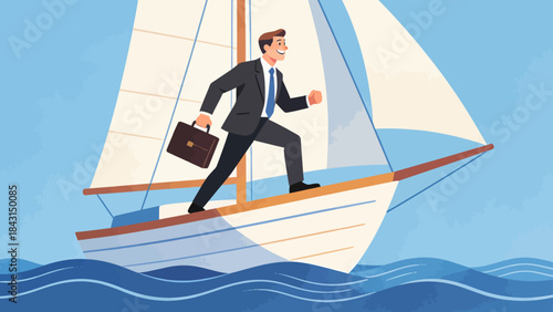 This illustration shows a business professional standing confidently on a sailboat at sea, symbolizing leadership, strategic navigation, and the journey toward business success and growth.