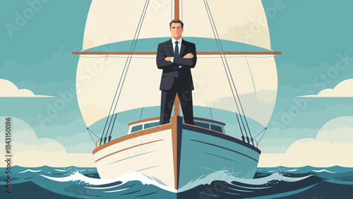 This illustration shows a business professional standing confidently on a sailboat at sea, symbolizing leadership, strategic navigation, and the journey toward business success and growth.