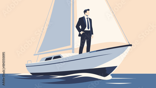 This illustration shows a business professional standing confidently on a sailboat at sea, symbolizing leadership, strategic navigation, and the journey toward business success and growth.