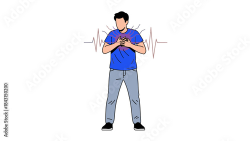 Illustration of a man with chest pain and an electrocardiogram graphic displayed