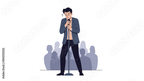 A man looking nervous holding a microphone in front of an audience, stage fright