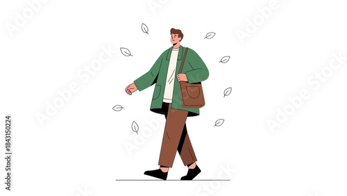 Illustration of a man walking with a bag and falling leaves minimalist design