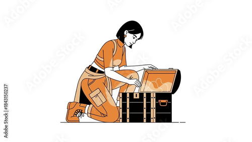 An illustration of a woman looking inside a treasure chest, white background