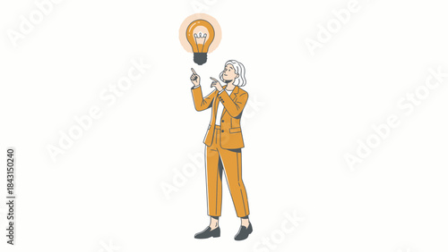 Illustration of a woman in a suit pointing at an illuminated light bulb, concept idea