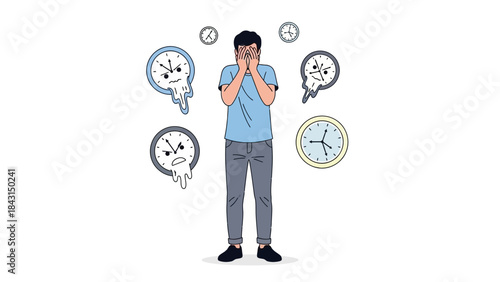 Illustration of a man surrounded by clocks representing time pressure and stress