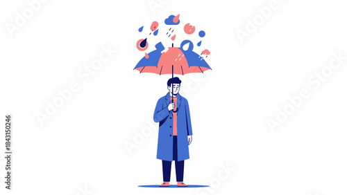 Illustration of a man under an umbrella protecting himself from the rain minimal vector style